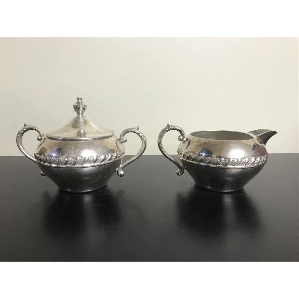 Vintage Silver on Copper Creamer and Lidded Sugar, With Silver Keeper Bags